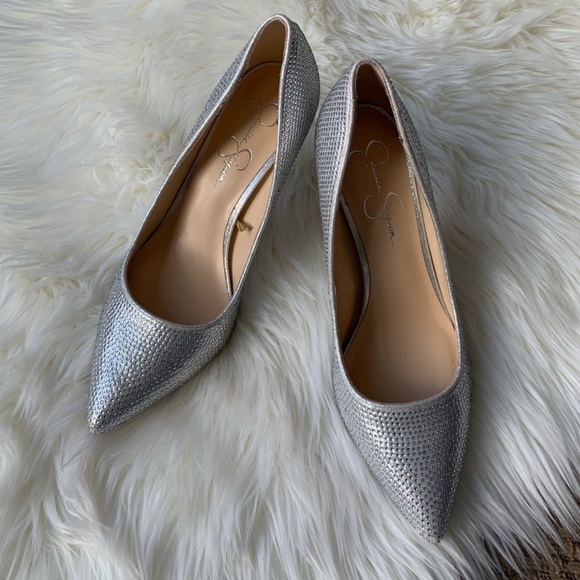JESSICA SIMPSON Rhinestone Crystal Silver High Heel Stiletto Pumps - Picture 2 of 2